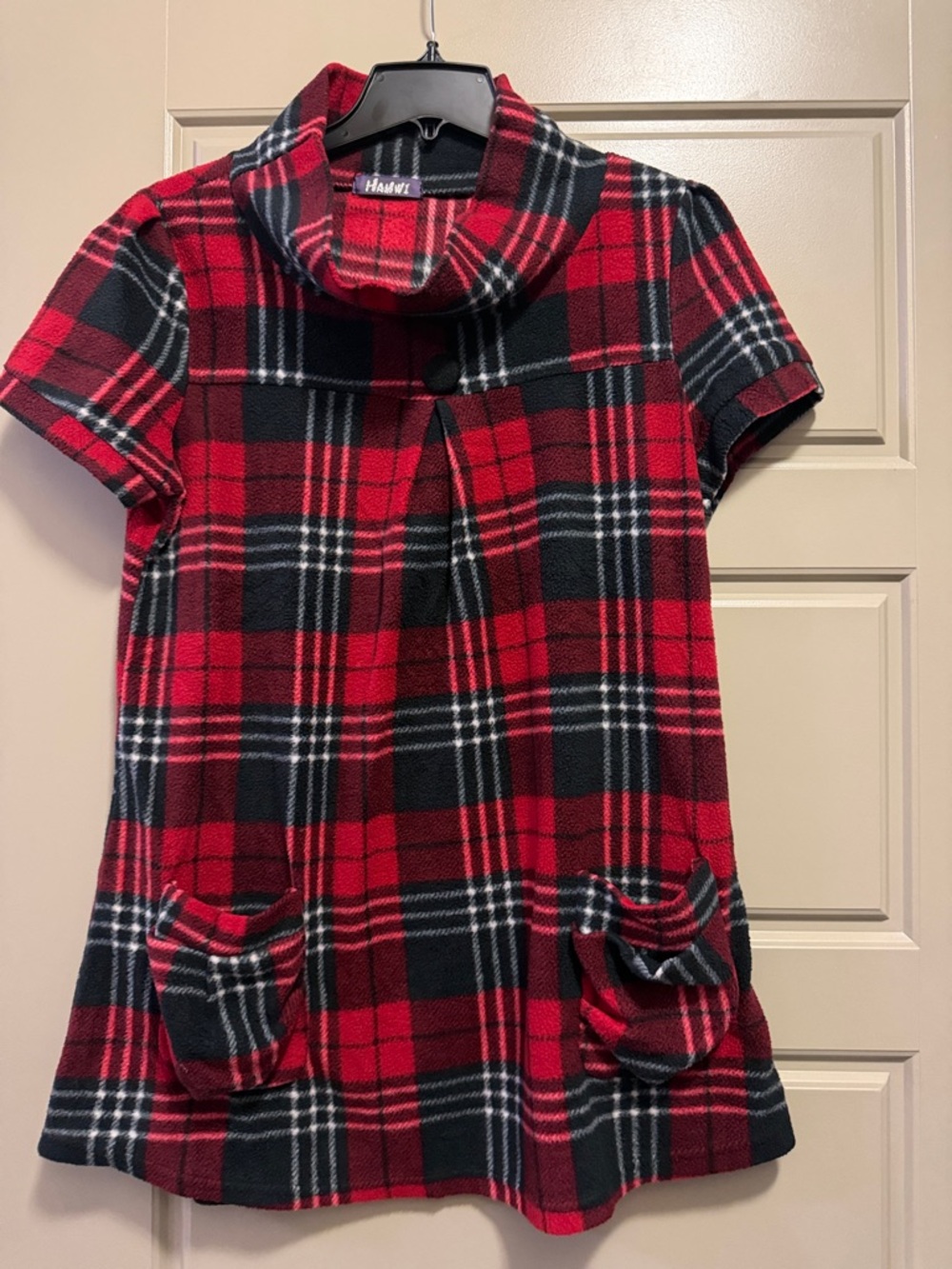 Harper Red and Black Plaid Short-Sleeve Cowl Tunic